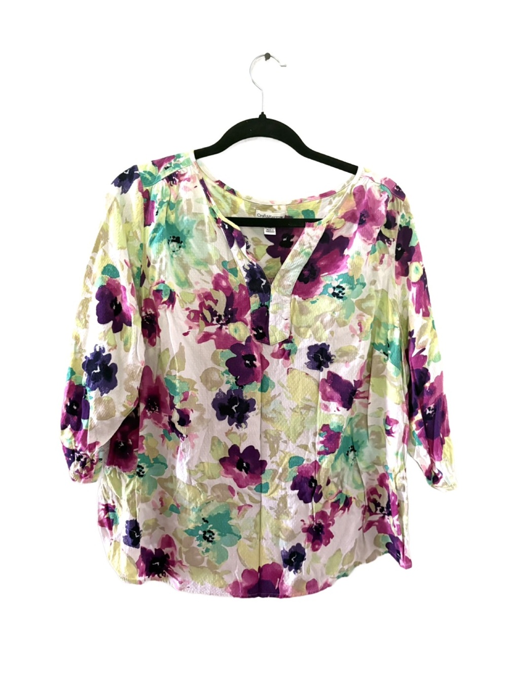 croft & barrow White Floral Split-Neck Blouse with Purple and Teal Accents